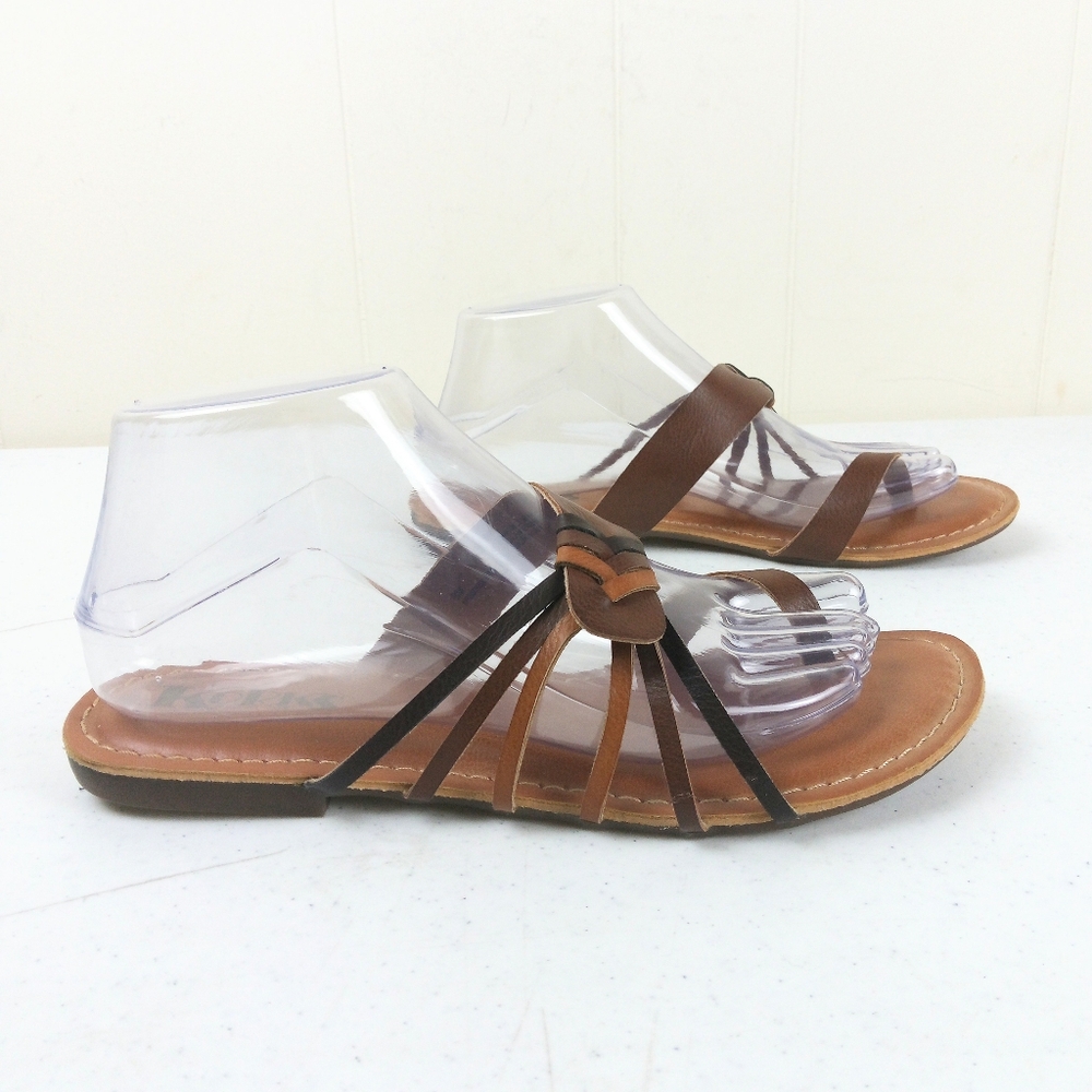 Korks Raine Slip On Sandals Women Size 8 Brown Faux Leather Strappy Slide Flat